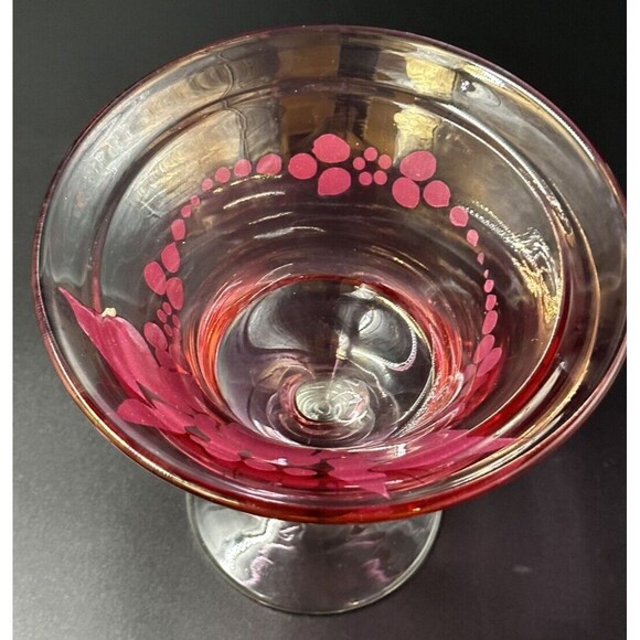 Hand Painted Design on Cranberry Glass Footed Bowl with Clear Glass Pedestal - Picture 7 of 8